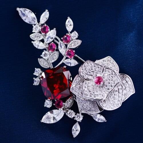 OKILY Luxurious Elegant AAA Zirconia Camellia Pin and Brooches Fashion Flower Broochpins Womans Dress Jewelry Accessories