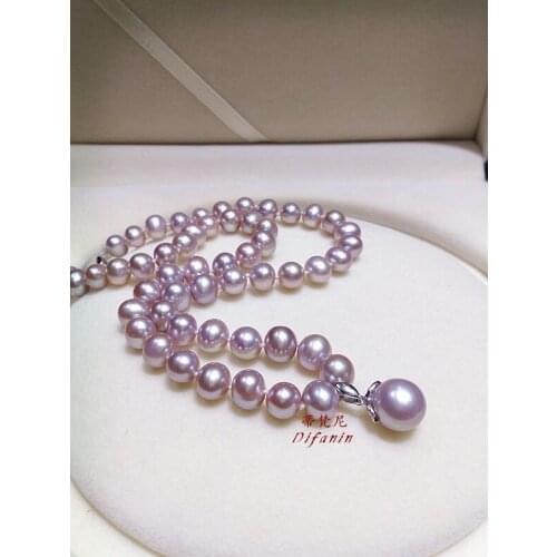 9-10MM 100% genuine freshwater White Purple pink pearl necklace 14MM Pendant 925 silver clasp 18inch