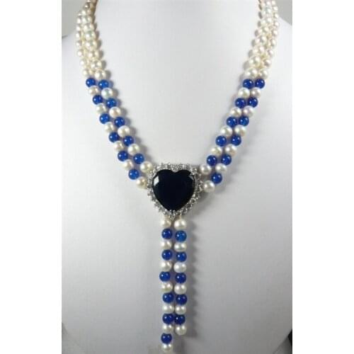 2 rows 7-8MM White Genuine Freshwater Pearl blue Jade bead pendant necklace 18inches