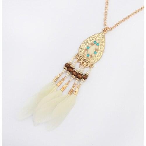 Fashion Trend Bohemian Jewelry Feather bead Tassel Pendant Long Necklace For Women Charm Statement Necklace Jewelry