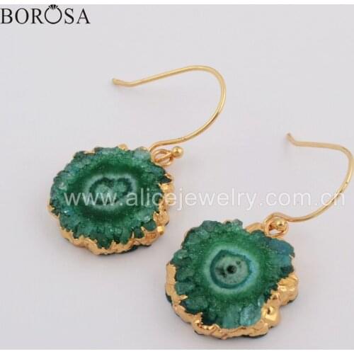 BOROSA 5Pairs Gold Plated Natural Solar Quartz Sun Flower Stone Druzy Titanium Rainbow Drop Earrings for Gilrs As Gift G1739