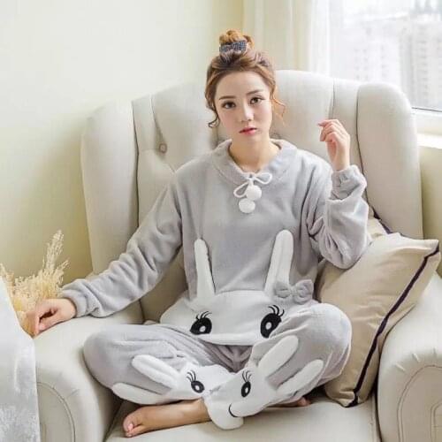 Rabbit Cartoon Sleepwear Flannel Women Pajama Sets Winter Warm Negligee Pajamas Plants Lingerie Cute Pijamas Plus Size Nightwear