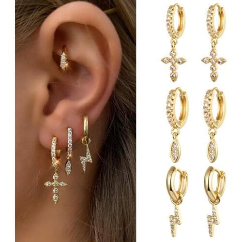 ISUEVA Lightning Drop Earrings 18K Gold Filled Cross CZ Huggie Cubic Zircon Dangle Earrings For Women Lucky Jewelry Accessories