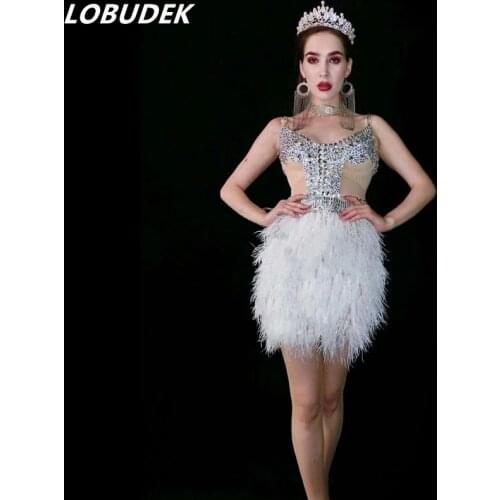 Rhinestones one piece Dress Birthday Celebration white feather crystal Dress Women Nightclub Costume Dancer Singer Stage Wear