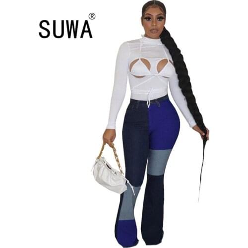 Contrast Color Patchwork Skinny Trousers Loungewear Women High Waist Flare Pants Jeans Sexy Club Outfits 2021 New