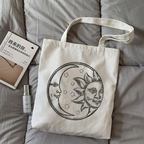 Ins Vintage mythical sun cartoon printed ins large-capacity canvas college cute new Ulzzang white female devil shoulder bags