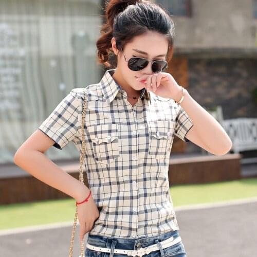 Hot Sale Summer cotton short-sleeved plaid shirt for women plus size checkered shirt blouses Girls casual Slim Fit Tops female