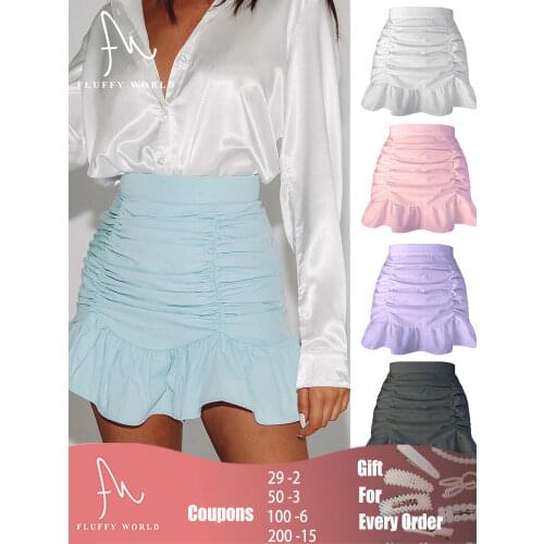2021 Summer Woman Ruched Skirts High Waist Casual Mini Solid Skirt Lady Trendy Korean Style Mini Skirts Beachwear FLUFFY WORLD
