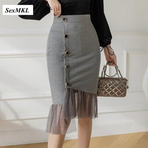 Faldas Mujer Moda 2021 Fashion High Waist Bodycon Sexy Skirts Women Korean Clothes Black Gray Elegant Button Red Pencil Skirt