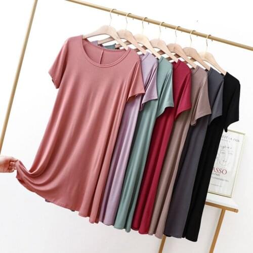 Spring Summer 2021 Modal Large Size Nightdress Womens NEW Loose Thin Round Neck Short Sleeve Solid Color Nightgown Homewear