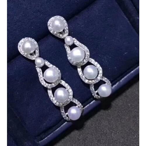 D423 Pearl Earrings Fine Jewelry 925 Sterling Silver 3-6mm Round Fresh Water White Pearls Drop Earrings for Women