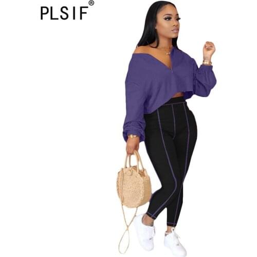 V neck long sleeve simple pure color crop top and tight pants 2 piece set high street lady fashion tracksuits