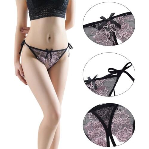 Female Underwear Lace Seamless Thongs Womens Pants Sexy Bow Lace G-String Women Crotchless Breathable Sleepwear Summer