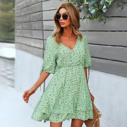 Ladies Floral Print Summer Dress V-Neck A Line Mini Dresses For Women Holiday Beach Sundress Vestidos 2021