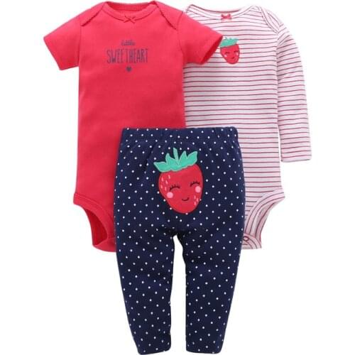 2018 3pcs/Set Baby Girls long Sleeve bodysuit strawberry Pants PP shorts Newborn pink romper child clothes Casual Wear