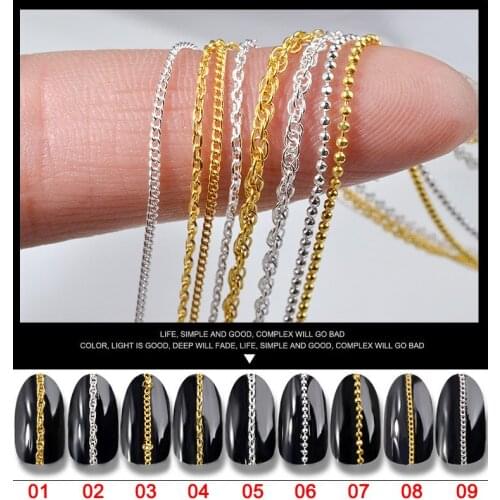 50cm Gold Silver Metal Chains Nail Art Decorations 3D Alloy Studs DIY Ornaments SANA889