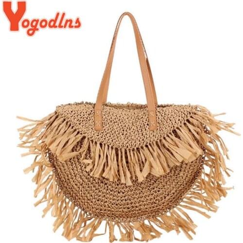 Yogodlns Bohemian Round Tassel Straw Bags Rattan Women Crossbody Bags Wicker Lady Shoulder Bag Small Purses Summer Beach Bags