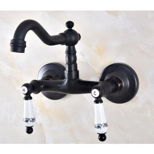 Black Oil Rubbed Bronze Bathroom Kitchen Sink Faucet Mixer Tap Swivel Spout Wall Mounted Double Handles mnf834