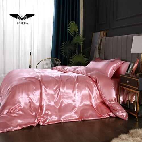 Lofuka Duvet Cover Quilt Cover Bedding Set Satin Silky Luxury Bedclothes Shiny Single Twin Adult Bed Sheet Pink Bed Linen Set