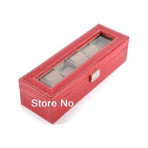 Free shipping The 6 watches a watch box leather watch box glass surface work viewing (8.5*31*10cm)red jewelry box gift box