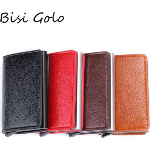 BISI GORO New Credit Card Holder Crazy Horse PU Leather 2020 Men And Women RFID Aluminium Business Card Case Travel Smart Wallet