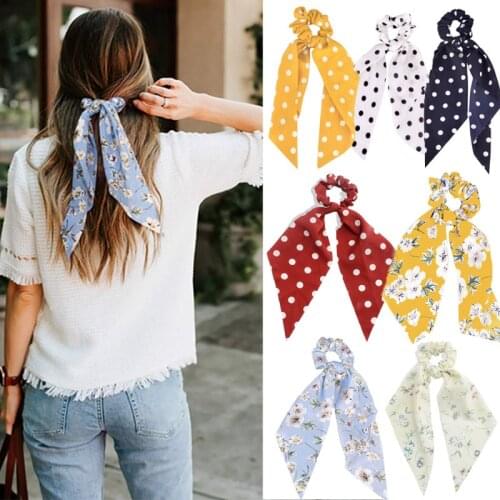 Fashion Long Scarf Ribbons Scrunchie For Women Bow Dot Printing Elastic Hair Bands Girl Ponytail Holder Tie Gum Hair Accessories