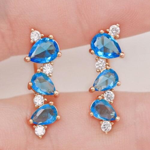 Trendy Gold Copper Plated Heart Blue Ear Clip Earrings Zirconia Stone For Women Girls Fashion Jewelry Accessories Wedding Gift