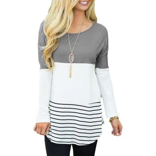 Fashion Women T-Shirts Plus Size Color Block Striped Lace Patchwork Long Sleeve Loose Casual T-Shirt Tunic Top футболка женский