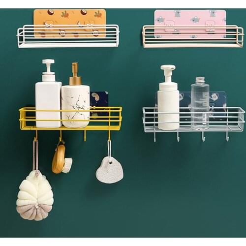 Wall-mounted Punch-free Iron Storage Rack Self Adhesive Kitchen Bathroom Towel Hook Storage Hanger Household Organizer