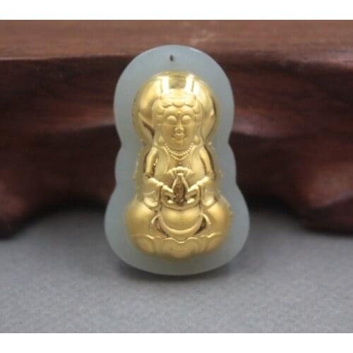 New 24K Yellow Gold Natural Jadeite Jade Women Men Small Kwan-Yin Bless Pendant 32x16mm