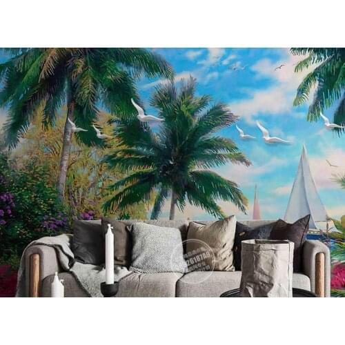 Wallpaper for walls 3 d Oil painting, coconut tree, sea sailing wallpapers for kids on the wall photo wallpaper TV backdrop