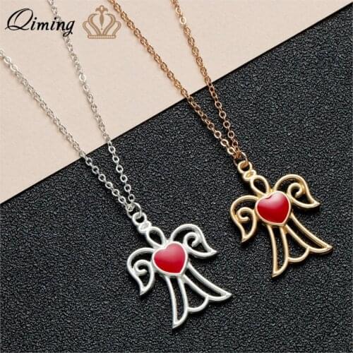 QIMING Red Love Heart Angel Necklace With Mother Of Pearl Guardian Baby Religious Jewelry Cross Chains Necklace Dropship