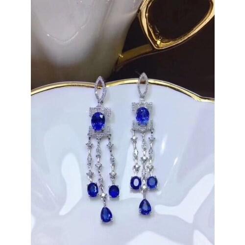 Luxurious Tassels Natural blue Sri Lanka sapphire drop earrings 925 silver natural gemstone earrings women party gift jewelry