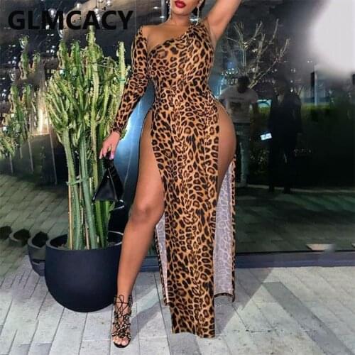 One Shoulder Sexy High Slit Party Club Leopard Dress