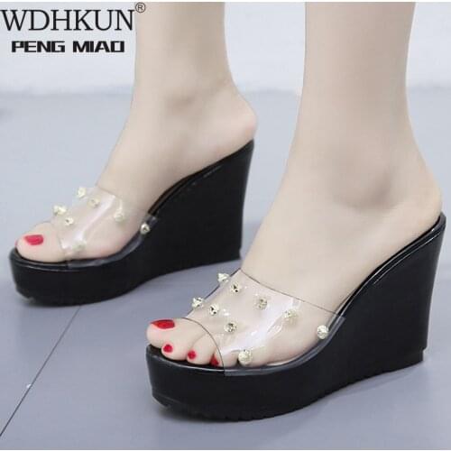 WDHKUN Women Platform Slippers Summer Fish Mouth High Heels Shoes Women PVC Transparent Wedges Sandals Jelly Shoes Ladies Slides