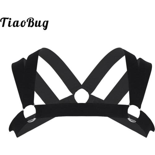 TiaoBug Men Double Shoulder Straps Elastic Chest Muscle Harness Belt with Metal Rings Fancy Club Party Sexy BDSM Bondage Costume