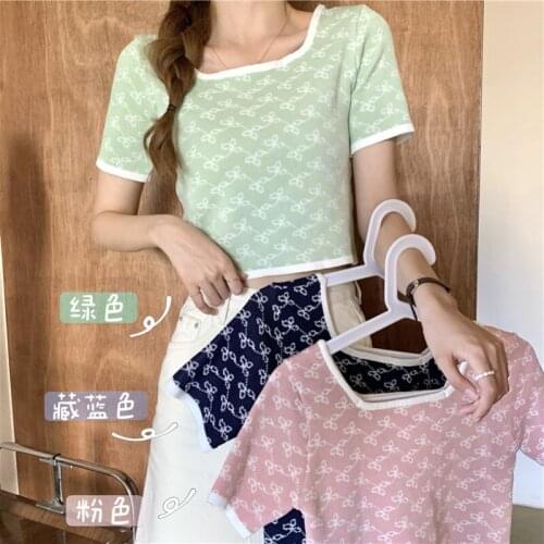 Tops Square Collar Printed Short-sleeved T-shirt Women Summer New Korean Style Slim and Thin All-match Crop Top