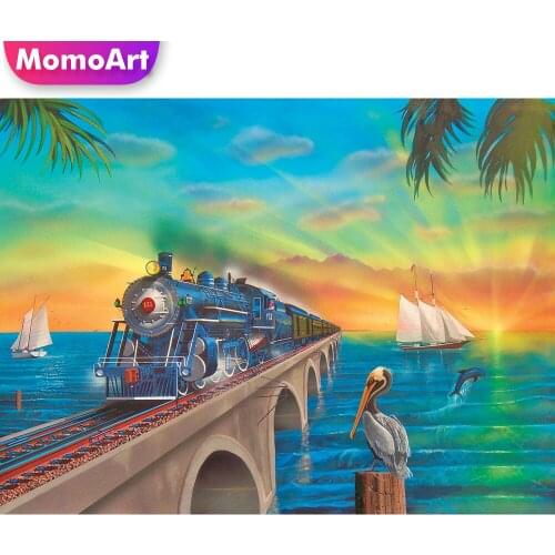 MomoArt Diamond Painting Train Cartoon Rhinestones Kits Diamond Mosaic Landscape Cross Stitch Embroidery Bridge Decor For Home