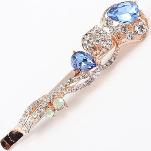 1 PC hair clip women flower rhinestones blue pink purple girls hot brand hairclip K9 crystal stones golden alloy head jewelry