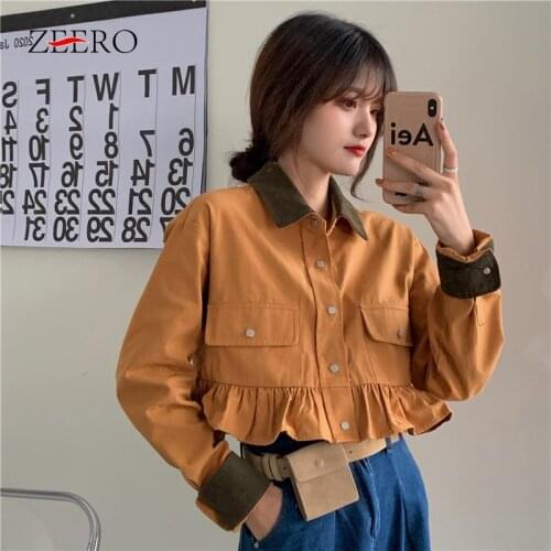 Spring Autumn Women Loose Lapel Ruffles Long Sleeve Coat Vintage Tooling Short Jacket Sweet Fashion All-match Cropped Jacket
