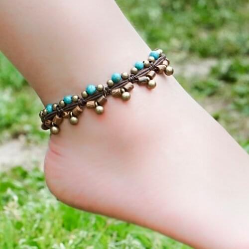 Ethnic peacock women ethnic green stones anklets chains,new handmade braided foot chains,fashion brass bell vintage anklets