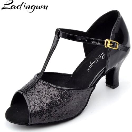 Ladingwu New Brand Flash Collocation PU Summer Salsa Latin Dance Shoes Soft Bottom Black dance sandals Heel 6/7.5/8.5/10cm
