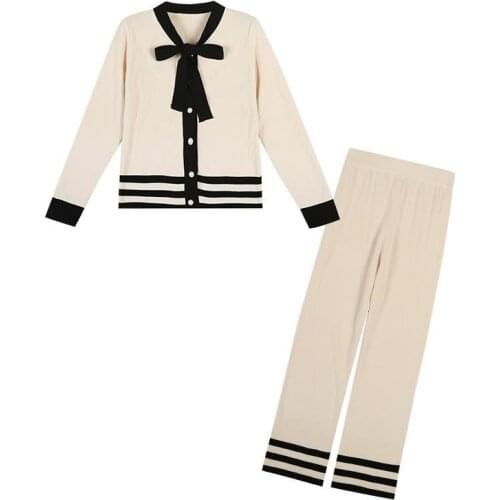 Bow Tie Collar Sweater Top + Wide Leg Pant 2 Piece Suit Women Striped Sweater Suit Sets Knitted Cardigans Pants Set Tracksuits