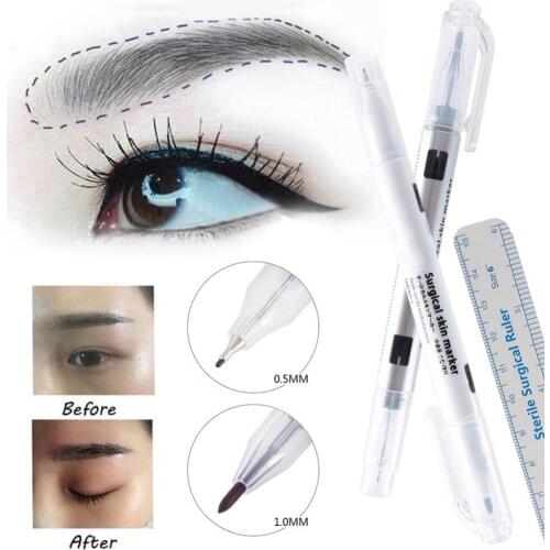 1Pcs Surgical Skin Marker Eyebrow Marker Pen Tattoo Skin Marker Pen With Measuring Ruler Microblading Positioning Tool