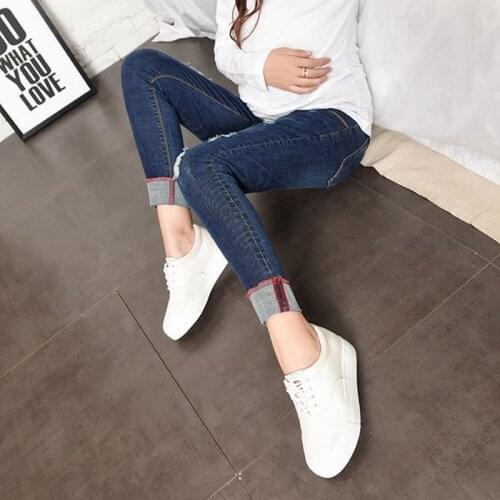 2018 pregnant women jeans feet pants leggings autumn fashion new hole stomach lift pregnant women pants