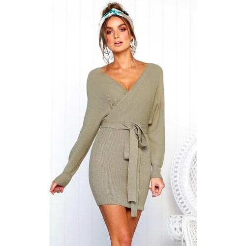 2021 Autumn Winter Sweater Women Fashion Pullover V-neck Sweater Dress Sexy Lace Up Long Sleeve Knitted Women Sweater