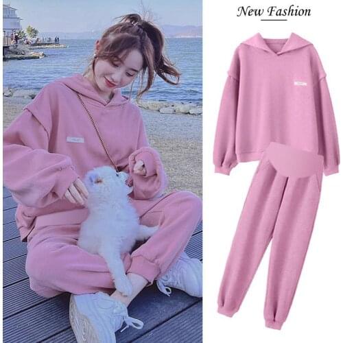 3159# Autumn Korean Fashion Maternity Hoodies Clothing Set Sports Casual Sweatshirts Sweatpants Suits Clothes for Pregnant Women