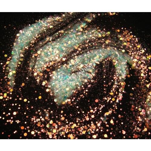 50g Mix size nail glitter Iridescent white with Gold color hexagon powder for Nail Polish Gel Decoration and make up