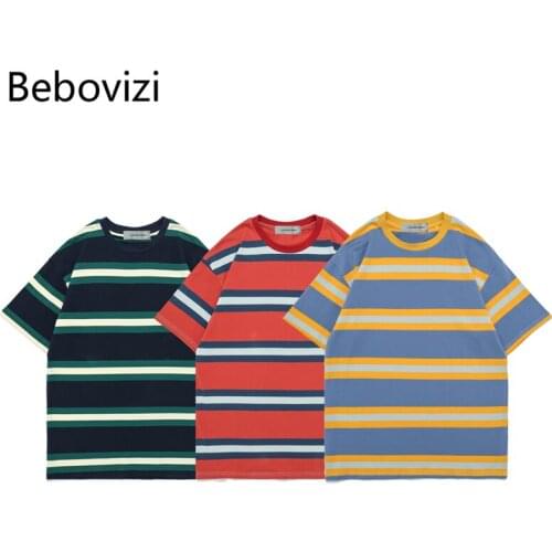 Bebovizi High Quality Fashion Stripe Cotton Women Men T Shirt Summer Short Sleeve T-shirt Top Vintage Casual Tshirt Best Seller