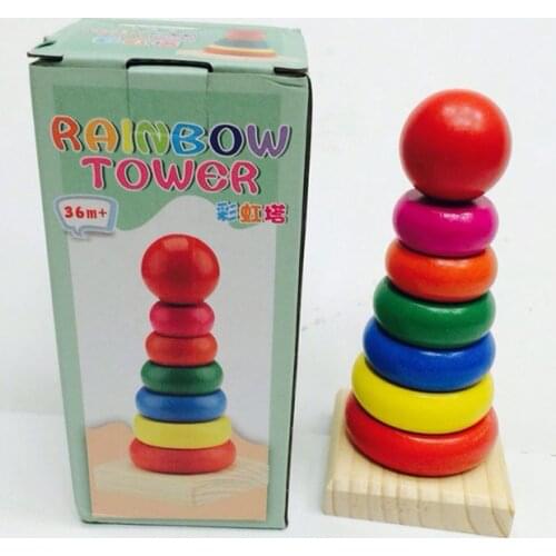 Montessori Kid Education Funny Toys Wooden Rainbow Tower Colorful Rings Stacked Toys For Boy Girl Kids Baby Gift